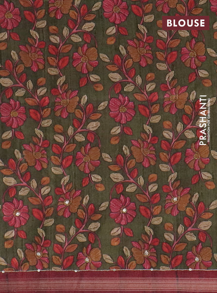 Semi tussar saree maroon and sap green with embroidery buttas and kalamkari prints & pita work pallu