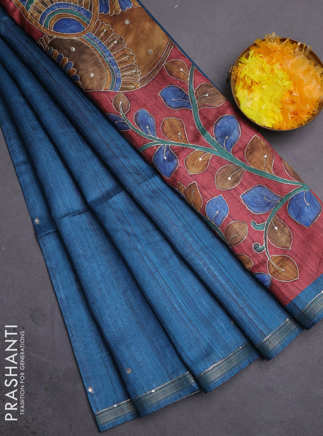 Semi tussar saree peacock blue and maroon with embroidery buttas and kalamkari prints & pita work pallu