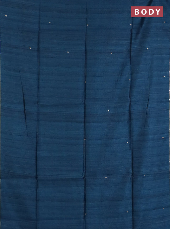 Semi tussar saree peacock blue and maroon with embroidery buttas and kalamkari prints & pita work pallu