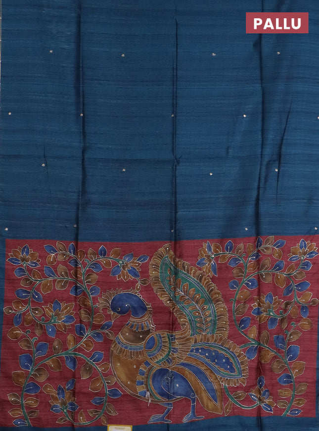 Semi tussar saree peacock blue and maroon with embroidery buttas and kalamkari prints & pita work pallu
