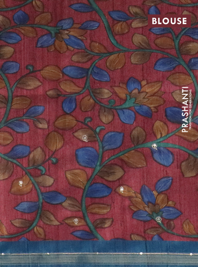 Semi tussar saree peacock blue and maroon with embroidery buttas and kalamkari prints & pita work pallu