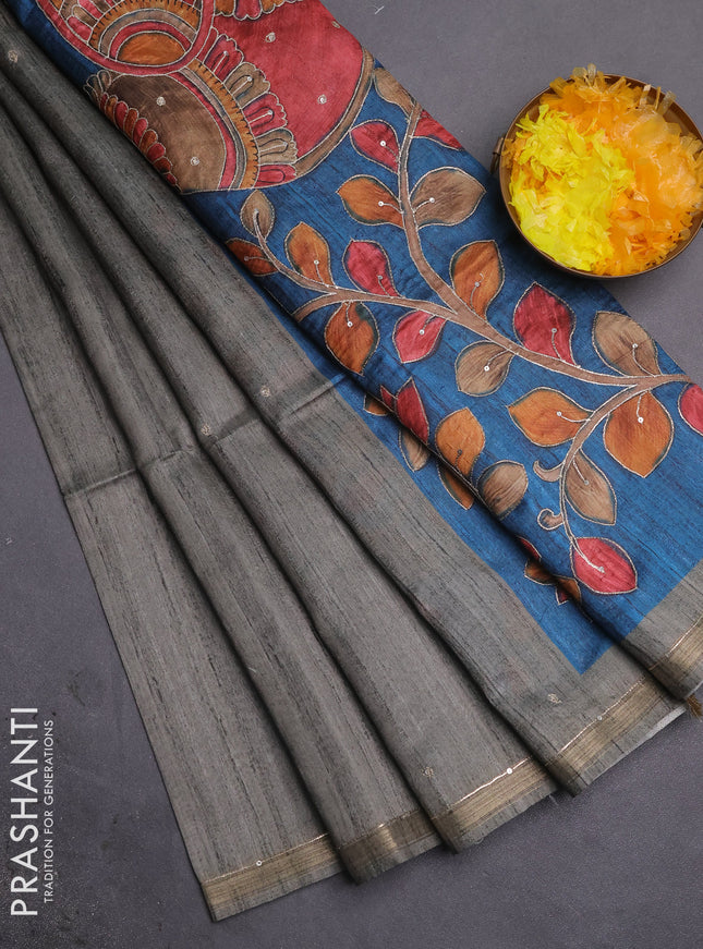 Semi tussar saree grey and peacock blue with embroidery buttas and kalamkari prints & pita work pallu