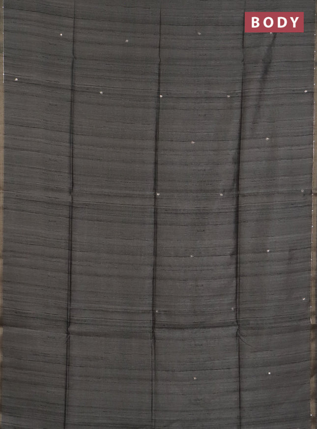 Semi tussar saree grey and peacock blue with embroidery buttas and kalamkari prints & pita work pallu