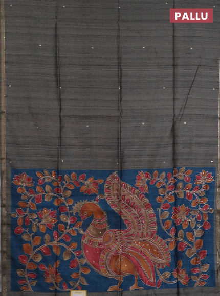 Semi tussar saree grey and peacock blue with embroidery buttas and kalamkari prints & pita work pallu