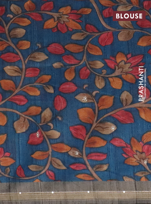 Semi tussar saree grey and peacock blue with embroidery buttas and kalamkari prints & pita work pallu