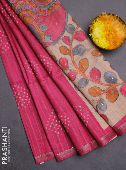 Semi tussar saree pink and beige with bandhani butta prints and kalamkari prints & pita work pallu
