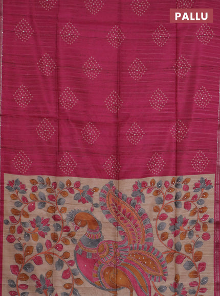 Semi tussar saree pink and beige with bandhani butta prints and kalamkari prints & pita work pallu