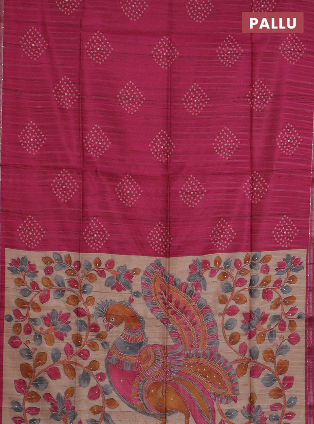 Semi tussar saree pink and beige with bandhani butta prints and kalamkari prints & pita work pallu