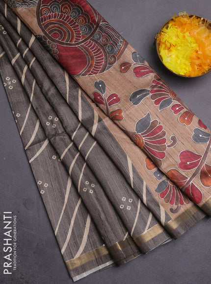 Semi tussar saree grey and beige with leheriya prints & bandhani butta and kalamkari prints & pita work pallu