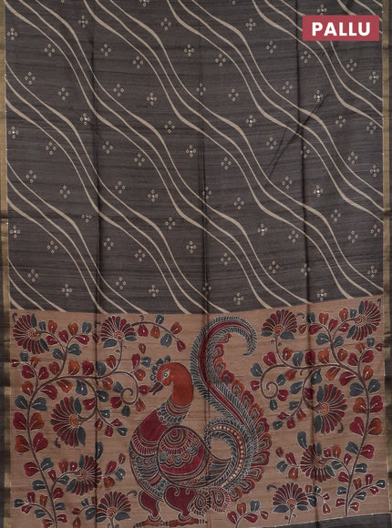 Semi tussar saree grey and beige with leheriya prints & bandhani butta and kalamkari prints & pita work pallu