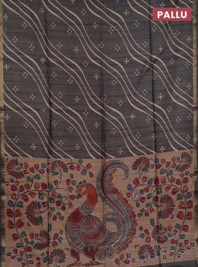 Semi tussar saree grey and beige with leheriya prints & bandhani butta and kalamkari prints & pita work pallu