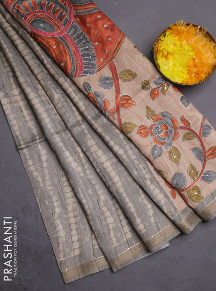 Semi tussar saree grey and beige with allover tie & dye prints and kalamkari prints & pita work pallu
