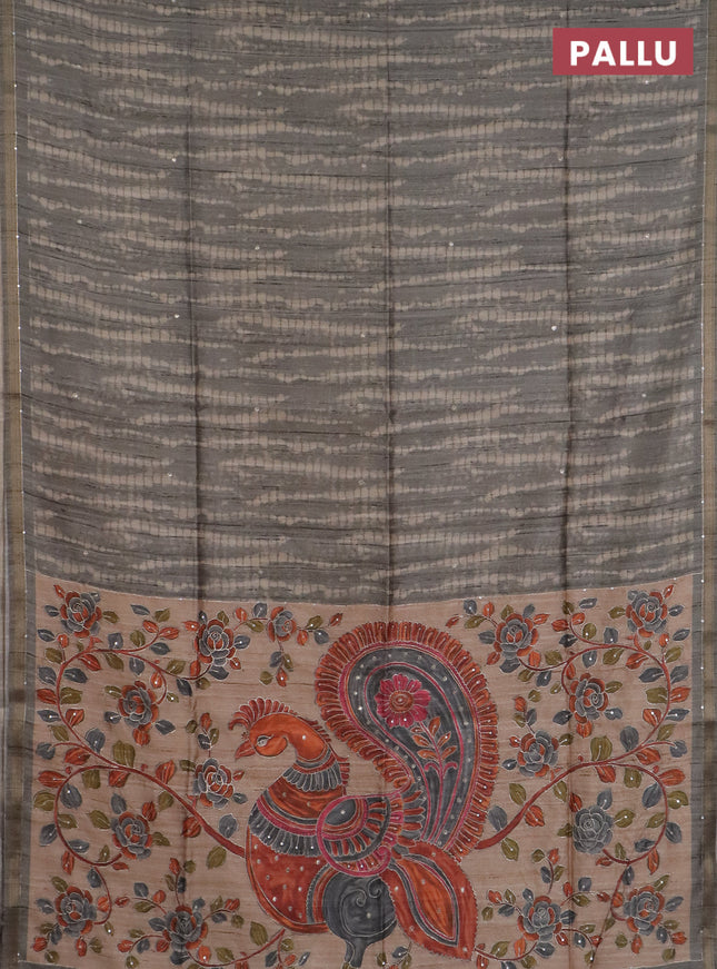 Semi tussar saree grey and beige with allover tie & dye prints and kalamkari prints & pita work pallu