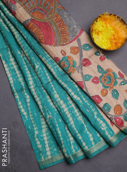 Semi tussar saree green and beige with allover tie & dye prints and kalamkari prints & pita work pallu