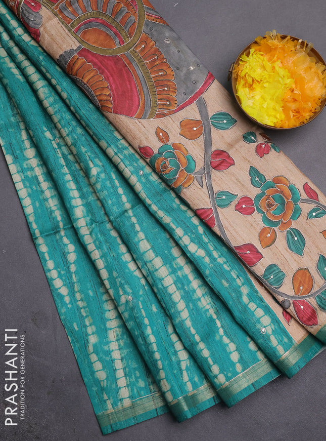 Semi tussar saree green and beige with allover tie & dye prints and kalamkari prints & pita work pallu