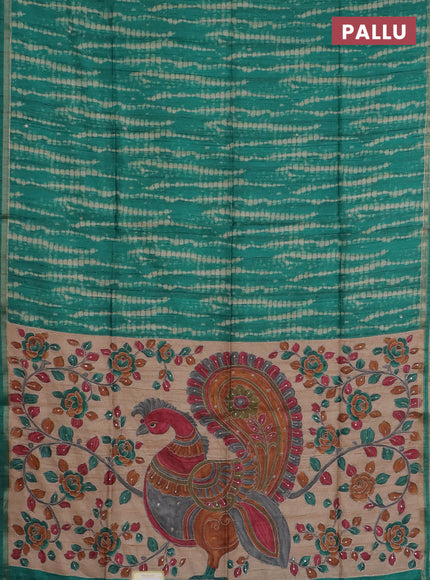 Semi tussar saree green and beige with allover tie & dye prints and kalamkari prints & pita work pallu