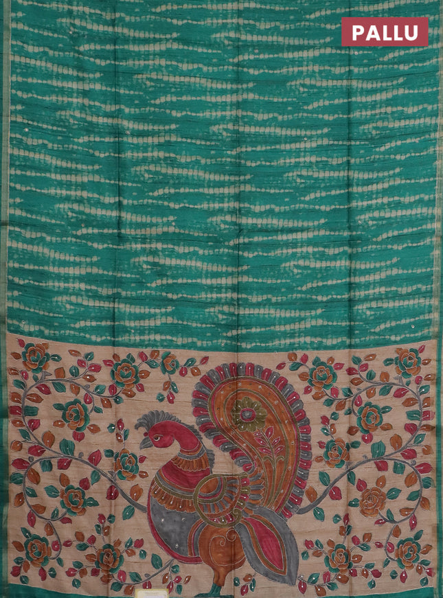 Semi tussar saree green and beige with allover tie & dye prints and kalamkari prints & pita work pallu