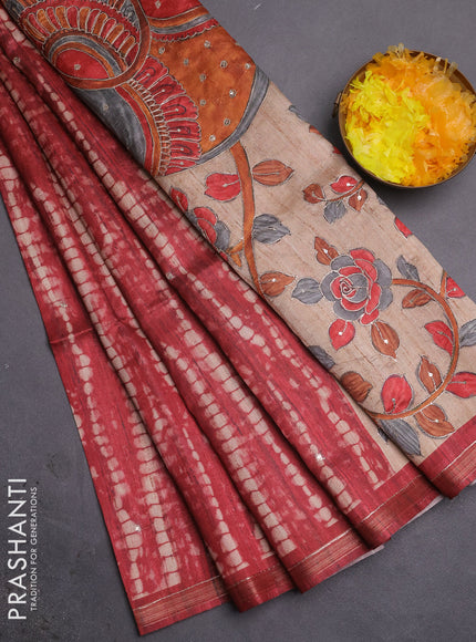 Semi tussar saree maroon and beige with allover tie & dye prints and kalamkari prints & pita work pallu
