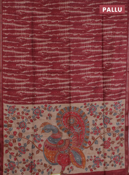 Semi tussar saree maroon and beige with allover tie & dye prints and kalamkari prints & pita work pallu