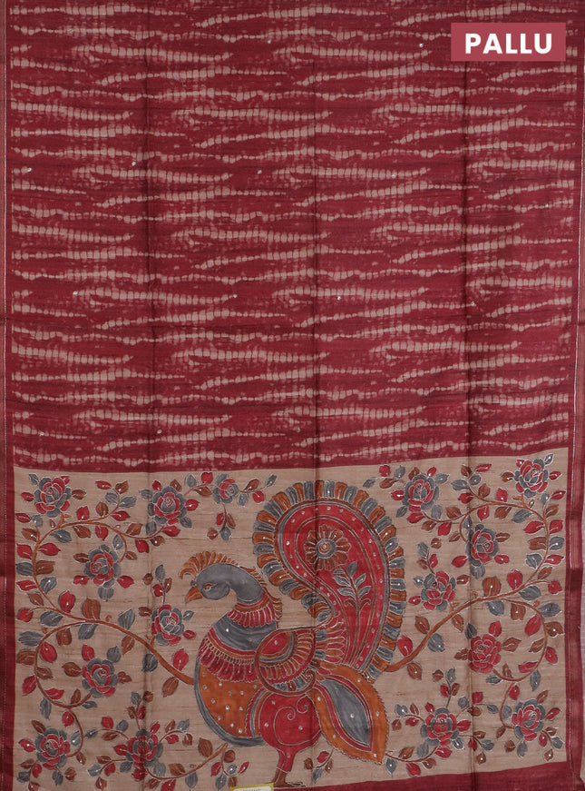 Semi tussar saree maroon and beige with allover tie & dye prints and kalamkari prints & pita work pallu
