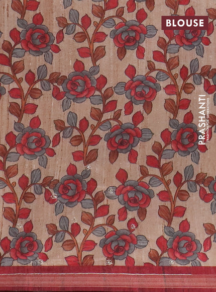 Semi tussar saree maroon and beige with allover tie & dye prints and kalamkari prints & pita work pallu