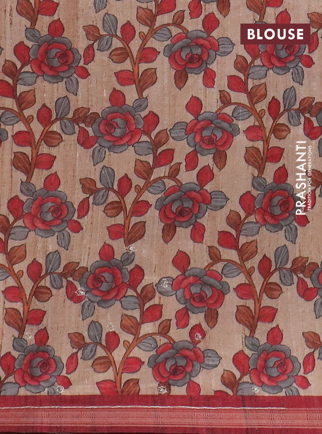 Semi tussar saree maroon and beige with allover tie & dye prints and kalamkari prints & pita work pallu