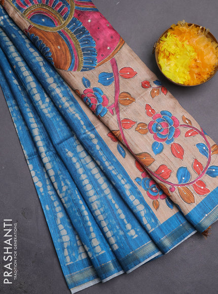 Semi tussar saree cs blue and beige with allover tie & dye prints and kalamkari prints & pita work pallu