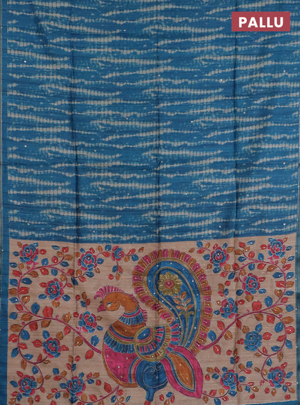 Semi tussar saree cs blue and beige with allover tie & dye prints and kalamkari prints & pita work pallu