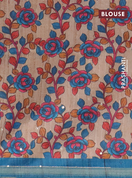 Semi tussar saree cs blue and beige with allover tie & dye prints and kalamkari prints & pita work pallu