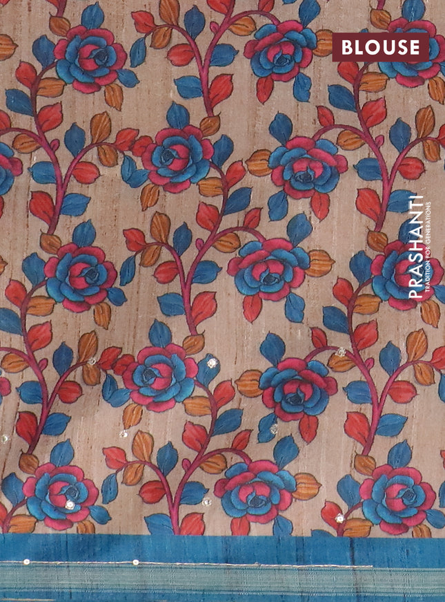 Semi tussar saree cs blue and beige with allover tie & dye prints and kalamkari prints & pita work pallu