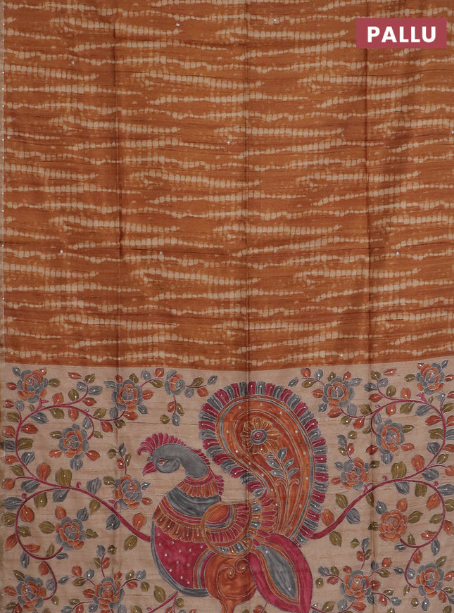 Semi tussar saree dark mustard and beige with allover tie & dye prints and kalamkari prints & pita work pallu