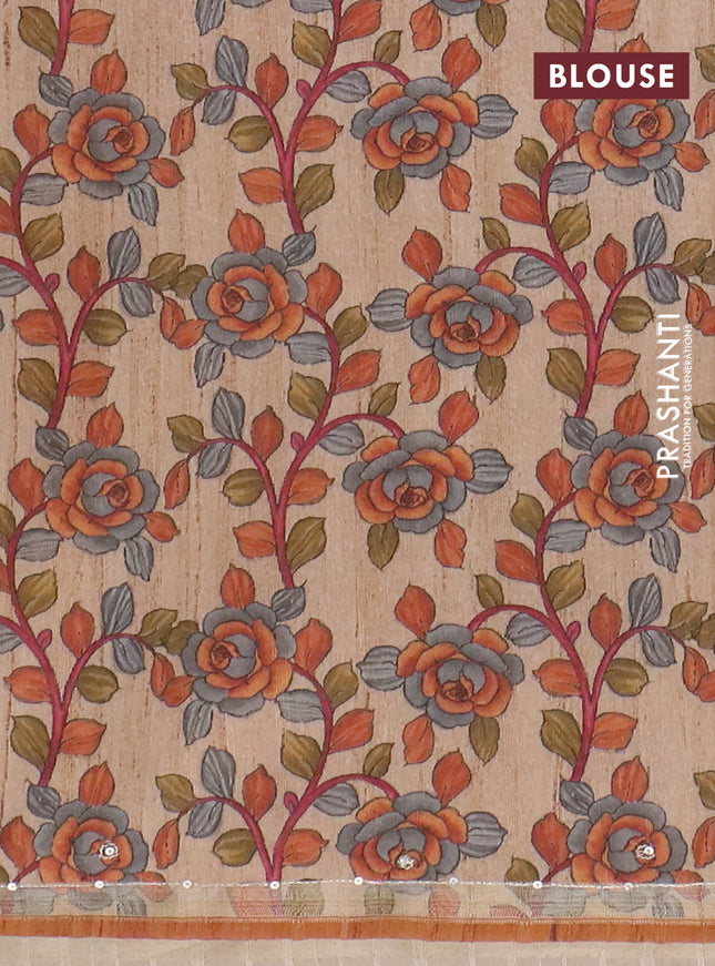 Semi tussar saree dark mustard and beige with allover tie & dye prints and kalamkari prints & pita work pallu