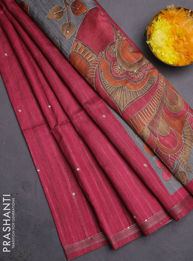 Semi tussar saree dark pink and grey with embroidery buttas and kalamkari prints & pita work pallu
