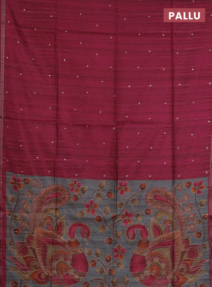 Semi tussar saree dark pink and grey with embroidery buttas and kalamkari prints & pita work pallu