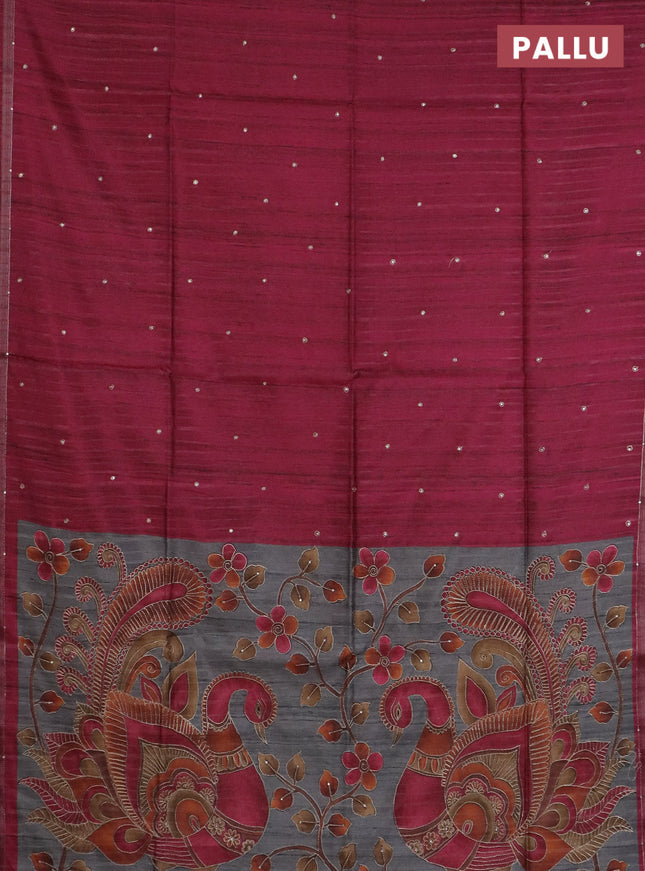 Semi tussar saree dark pink and grey with embroidery buttas and kalamkari prints & pita work pallu