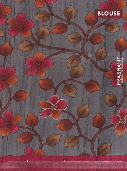 Semi tussar saree dark pink and grey with embroidery buttas and kalamkari prints & pita work pallu