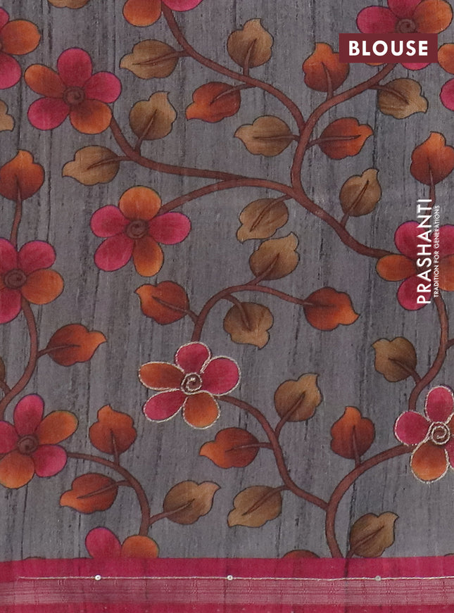 Semi tussar saree dark pink and grey with embroidery buttas and kalamkari prints & pita work pallu