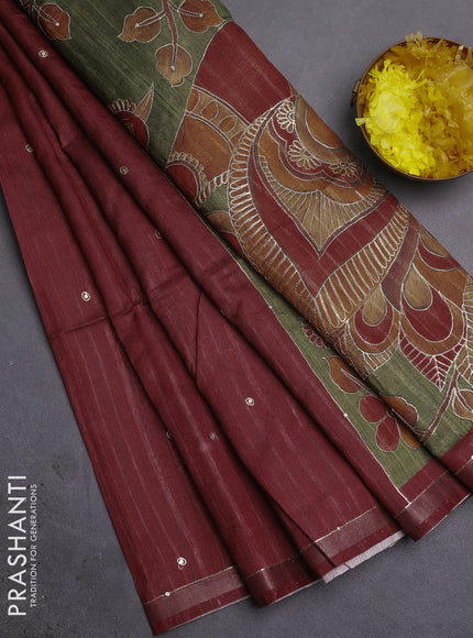Semi tussar saree maroon and sap green with embroidery buttas and kalamkari prints & pita work pallu