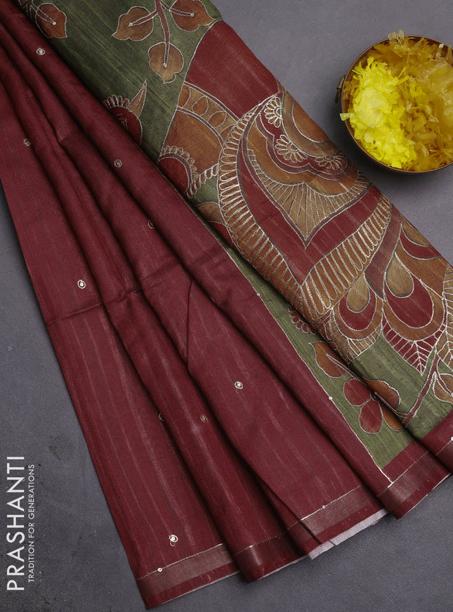 Semi tussar saree maroon and sap green with embroidery buttas and kalamkari prints & pita work pallu