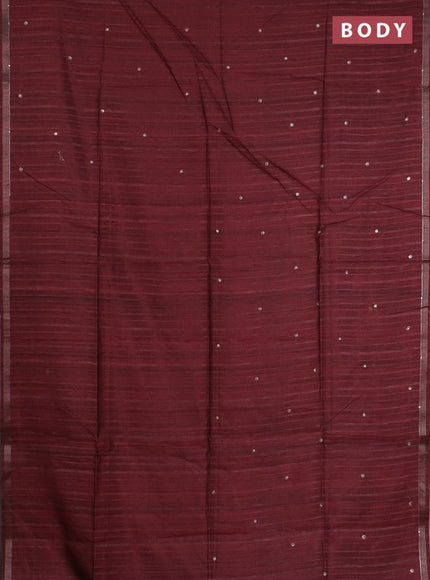 Semi tussar saree maroon and sap green with embroidery buttas and kalamkari prints & pita work pallu