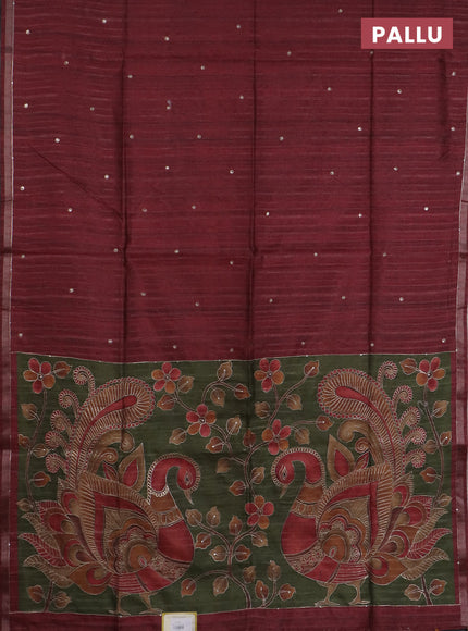 Semi tussar saree maroon and sap green with embroidery buttas and kalamkari prints & pita work pallu