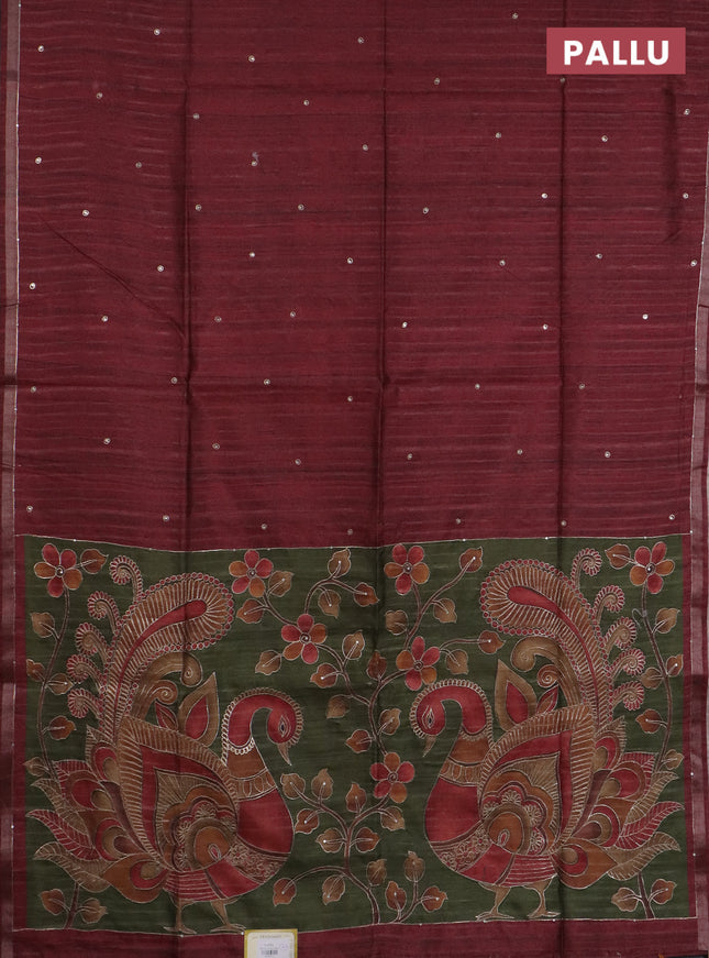 Semi tussar saree maroon and sap green with embroidery buttas and kalamkari prints & pita work pallu