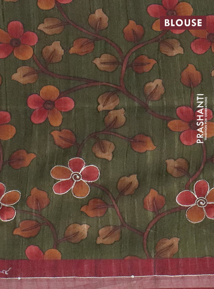 Semi tussar saree maroon and sap green with embroidery buttas and kalamkari prints & pita work pallu