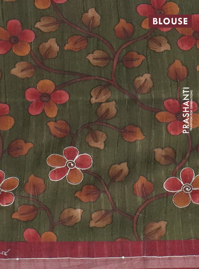 Semi tussar saree maroon and sap green with embroidery buttas and kalamkari prints & pita work pallu