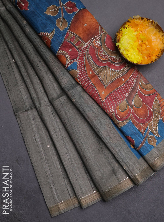 Semi tussar saree grey and peacock blue with embroidery buttas and kalamkari prints & pita work pallu