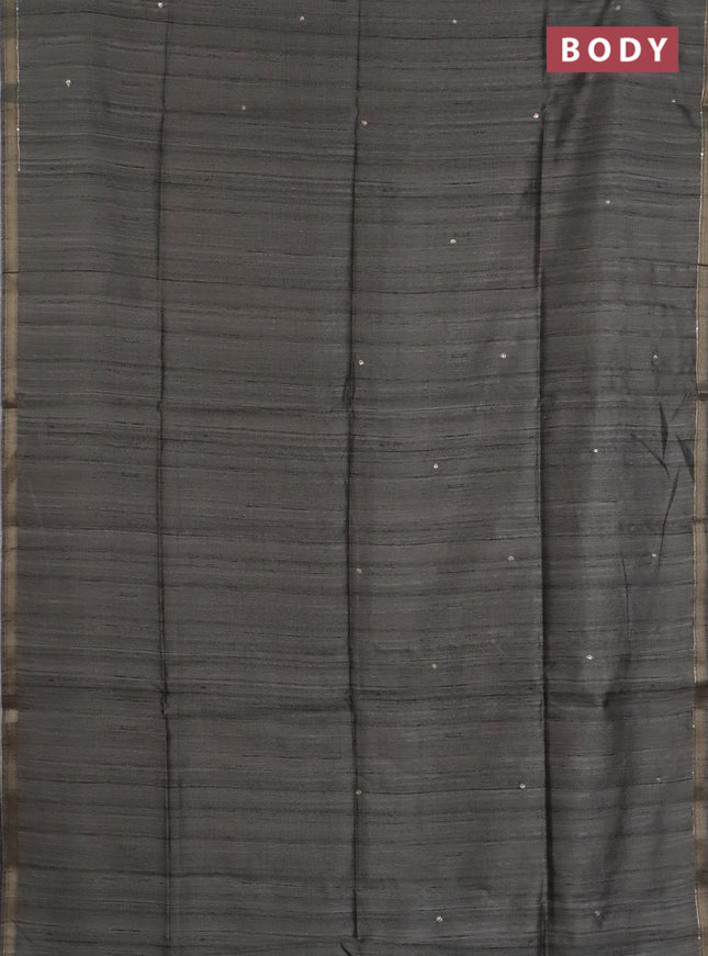 Semi tussar saree grey and peacock blue with embroidery buttas and kalamkari prints & pita work pallu