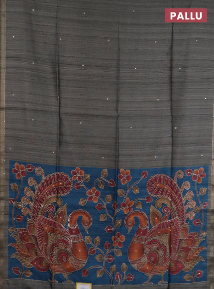 Semi tussar saree grey and peacock blue with embroidery buttas and kalamkari prints & pita work pallu