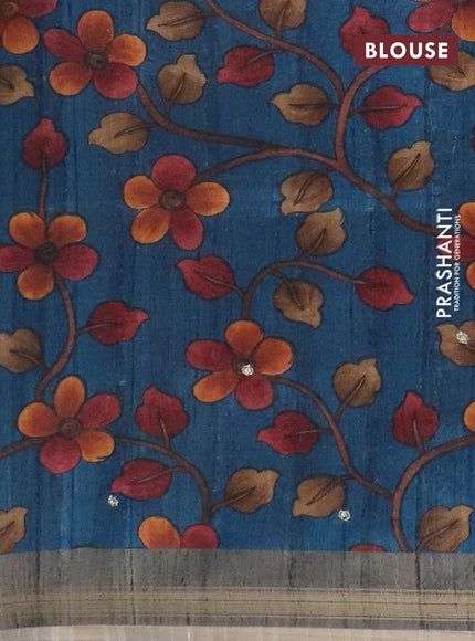 Semi tussar saree grey and peacock blue with embroidery buttas and kalamkari prints & pita work pallu