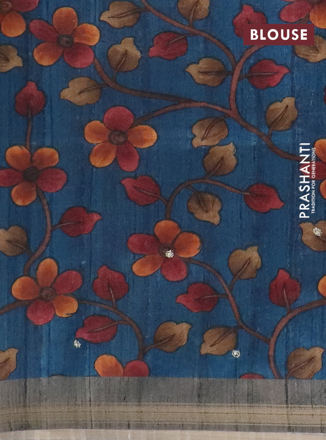 Semi tussar saree grey and peacock blue with embroidery buttas and kalamkari prints & pita work pallu