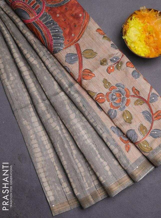 Semi tussar saree grey and beige with tie & dye prints and kalamkari prints & pita work pallu
